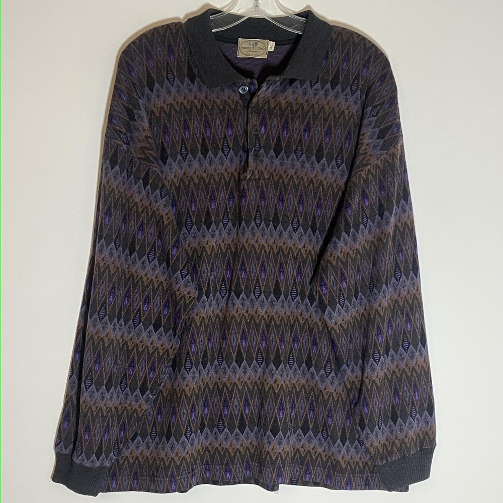 Pronto Uomo Sweater Mens XL Purple Gray Geometric Wool Blend Polo Made Italy Vtg